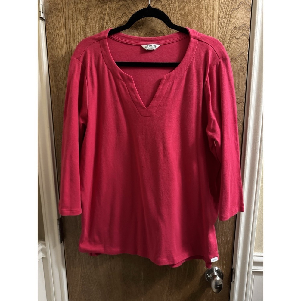 Women's Orvis Shirt 3/4 Sleeve Fuchsia Pink Scalloped Chest XL Soft Cotton